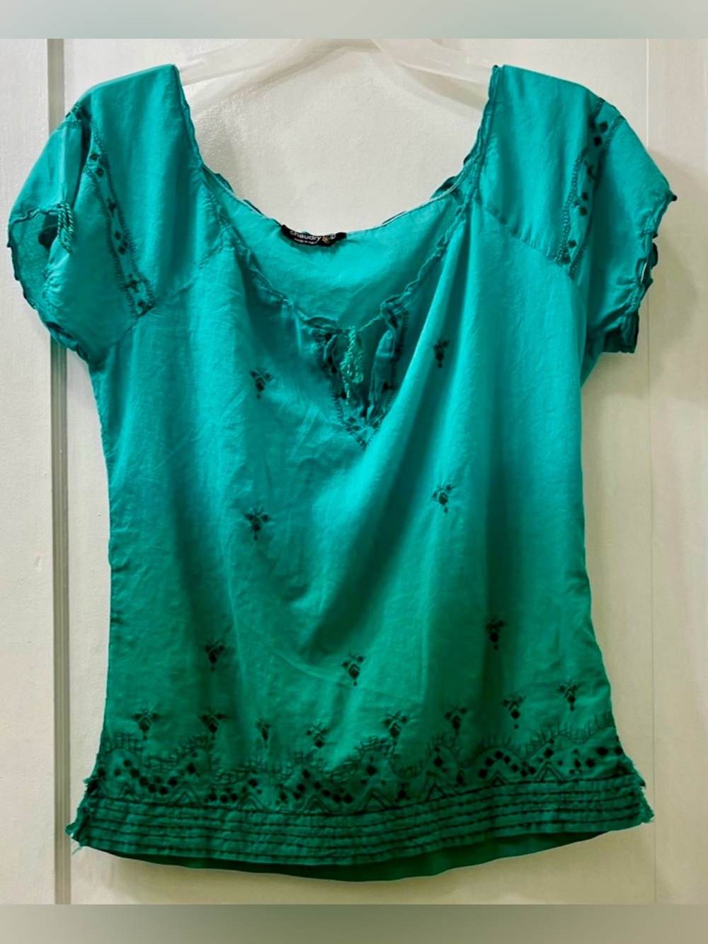 Teal Embroidered Scoop Neck Blouse 2 toned
